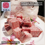 Beef TOPSIDE Australia MELTIQUE SAKA meltik (wagyu alike) daging rendang dendeng frozen SAIKORO DICED CUBED DADU cuts 4cm 1.5" (price/pack 500g 9-10pcs)